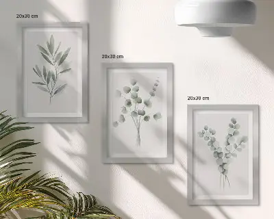 Set de 3 tablouri cu modele de plante în nuanțe de verde și gri