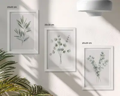 Set de 3 tablouri cu modele de plante în nuanțe de verde și gri