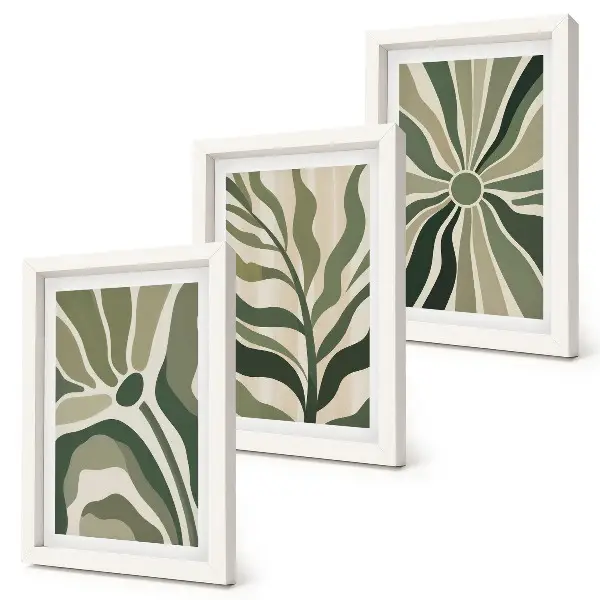 Set 3 tablouri cu modele vegetale în nuanțe de verde și bej