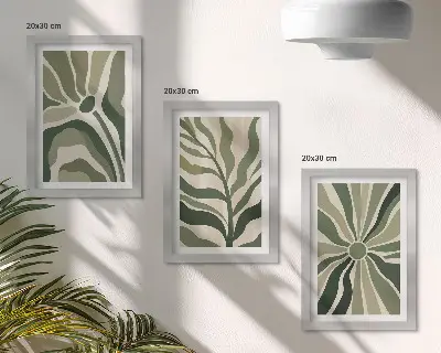Set 3 tablouri cu modele vegetale în nuanțe de verde și bej