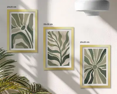 Set 3 tablouri cu modele vegetale în nuanțe de verde și bej