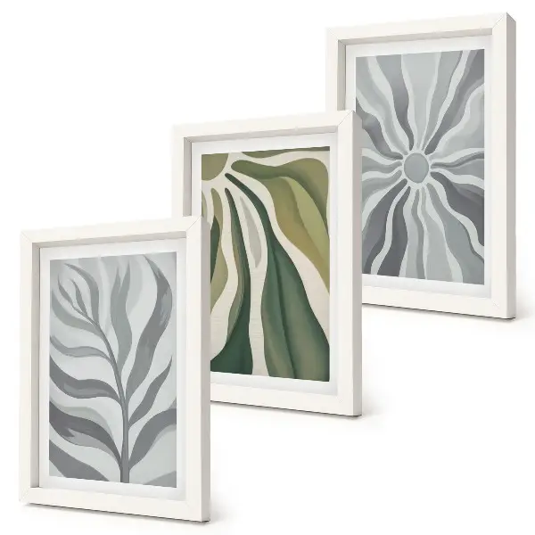 Set 3 tablouri cu modele de plante în nuanțe de verde și gri