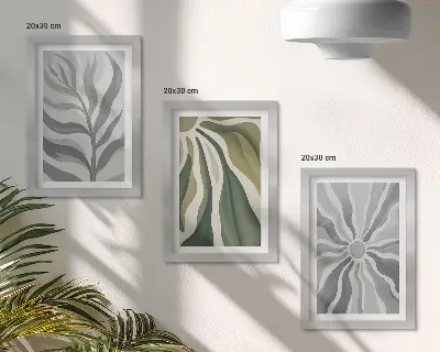Set 3 tablouri cu modele de plante în nuanțe de verde și gri