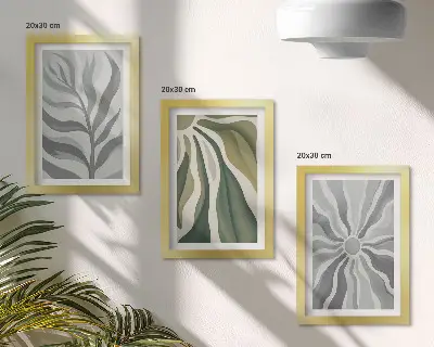 Set 3 tablouri cu modele de plante în nuanțe de verde și gri