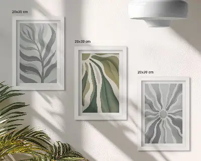 Set 3 tablouri cu modele de plante în nuanțe de verde și gri