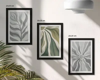 Set 3 tablouri cu modele de plante în nuanțe de verde și gri