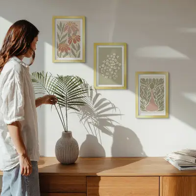 Galerie de perete cu motive florale și modele minimaliste în stil boho