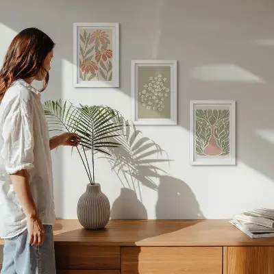 Galerie de perete cu motive florale și modele minimaliste în stil boho