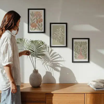 Galerie de perete cu motive florale și modele minimaliste în stil boho