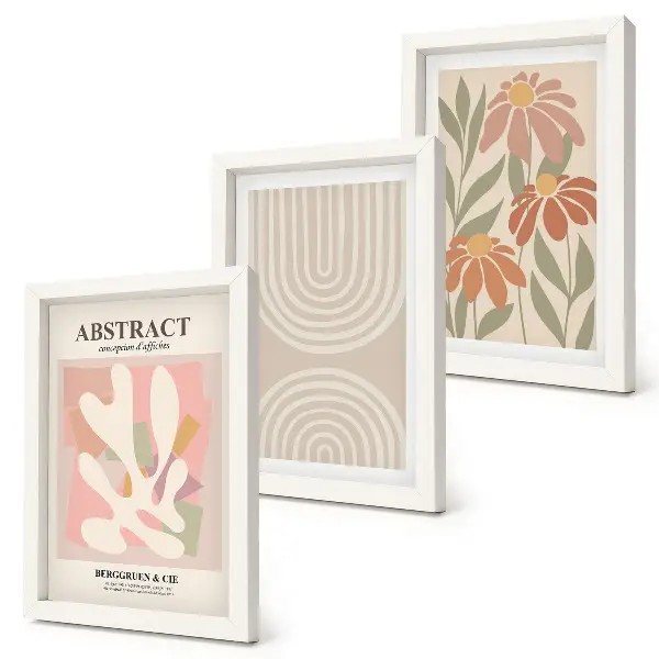 Set de 3 tablouri cu forme abstracte și motive vegetale în nuanțe pastelate