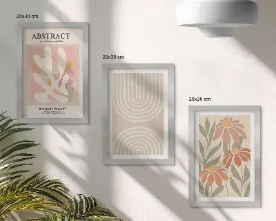Set de 3 tablouri cu forme abstracte și motive vegetale în nuanțe pastelate