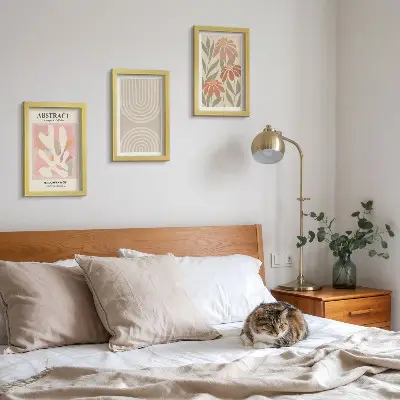 Set de 3 tablouri cu forme abstracte și motive vegetale în nuanțe pastelate