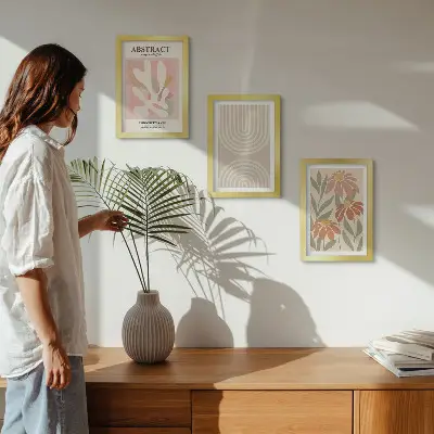 Set de 3 tablouri cu forme abstracte și motive vegetale în nuanțe pastelate