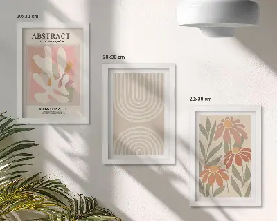 Set de 3 tablouri cu forme abstracte și motive vegetale în nuanțe pastelate