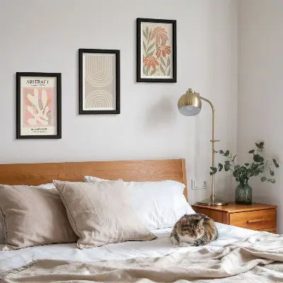 Set de 3 tablouri cu forme abstracte și motive vegetale în nuanțe pastelate