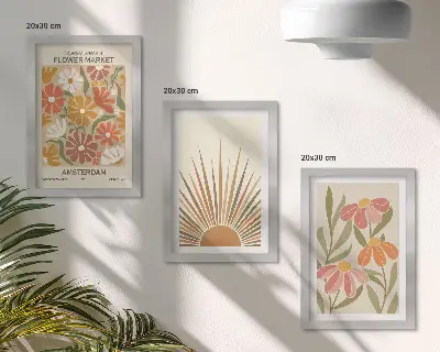 Set 3 tablouri cu flori în culori pastelate și raze de soare