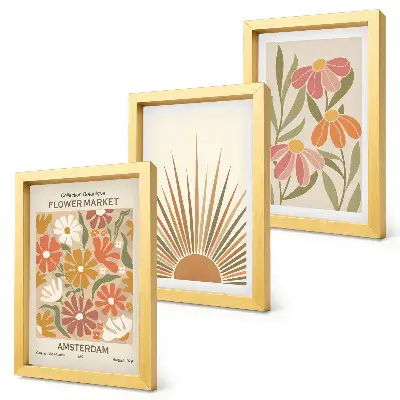 Set 3 tablouri cu flori în culori pastelate și raze de soare