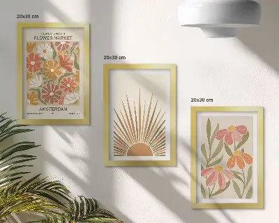 Set 3 tablouri cu flori în culori pastelate și raze de soare