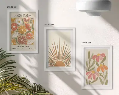Set 3 tablouri cu flori în culori pastelate și raze de soare