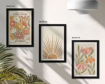 Set 3 tablouri cu flori în culori pastelate și raze de soare