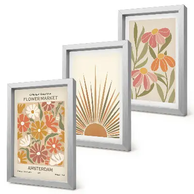 Set 3 tablouri cu flori în culori pastelate și raze de soare