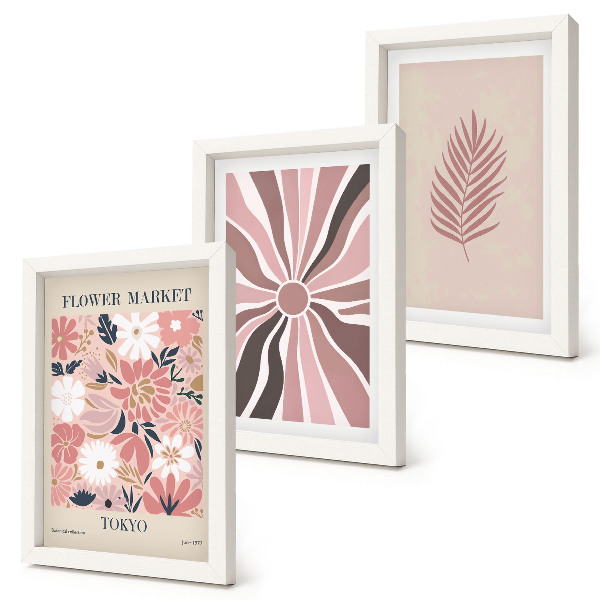 Set 3 tablouri Modele florale cu frunze și forme geometrice