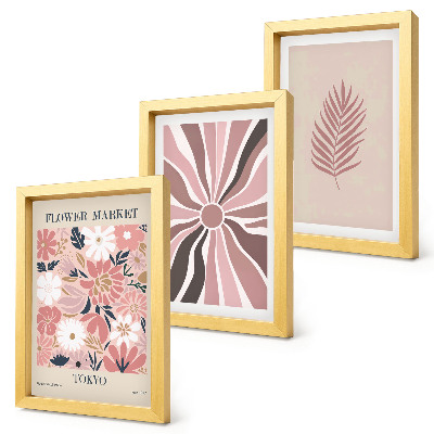 Set 3 tablouri Modele florale cu frunze și forme geometrice