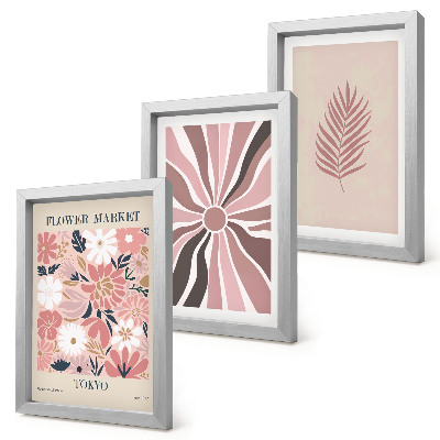 Set 3 tablouri Modele florale cu frunze și forme geometrice