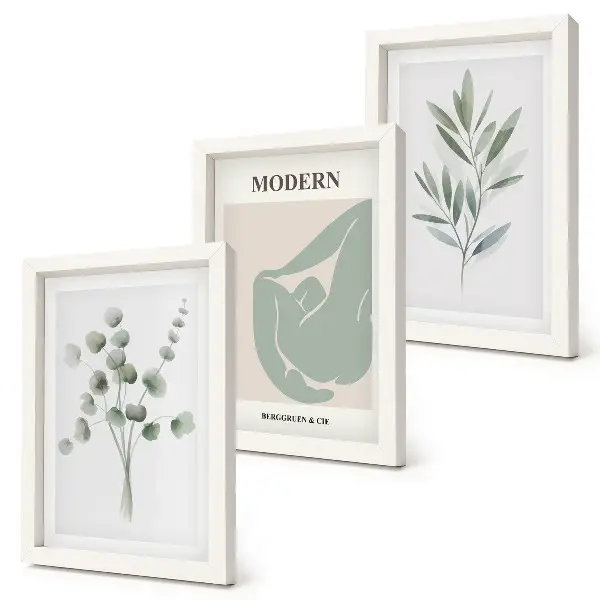 Set de 3 tablouri cu motive vegetale în nuanțe delicate de verde
