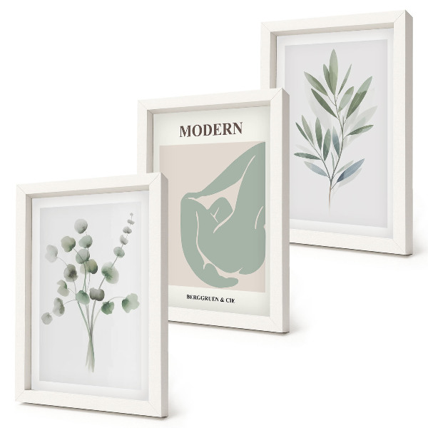Set 3 tablouri Motive vegetale în nuanțe delicate de verde