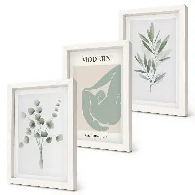 Set de 3 tablouri cu motive vegetale în nuanțe delicate de verde