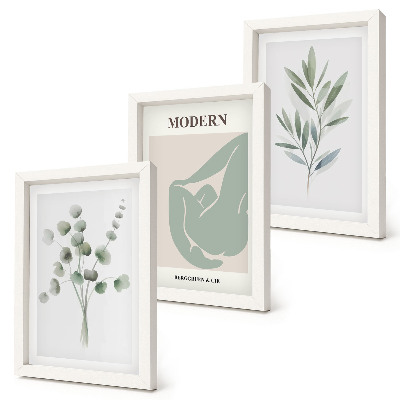 Set 3 tablouri Motive vegetale în nuanțe delicate de verde