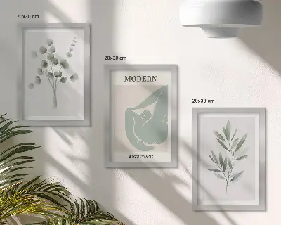 Set de 3 tablouri cu motive vegetale în nuanțe delicate de verde