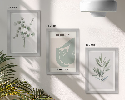 Set 3 tablouri Motive vegetale în nuanțe delicate de verde