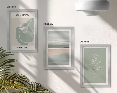 Galerie de perete cu forme abstracte și plante în nuanțe pastelate