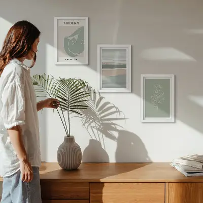 Galerie de perete cu forme abstracte și plante în nuanțe pastelate