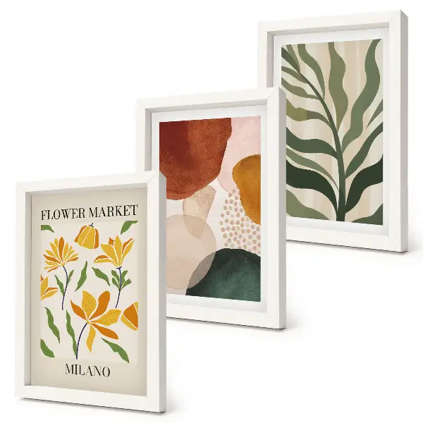 Set 3 tablouri cu motive florale și forme abstracte cu frunze