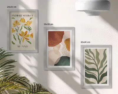 Set 3 tablouri cu motive florale și forme abstracte cu frunze