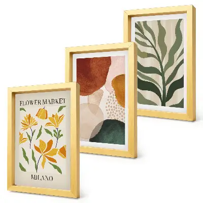 Set 3 tablouri cu motive florale și forme abstracte cu frunze