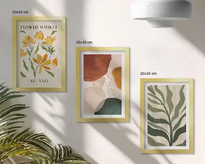 Set 3 tablouri cu motive florale și forme abstracte cu frunze