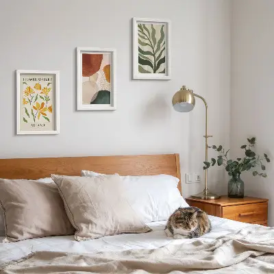 Set 3 tablouri cu motive florale și forme abstracte cu frunze