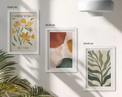 Set 3 tablouri cu motive florale și forme abstracte cu frunze