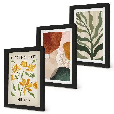 Set 3 tablouri cu motive florale și forme abstracte cu frunze