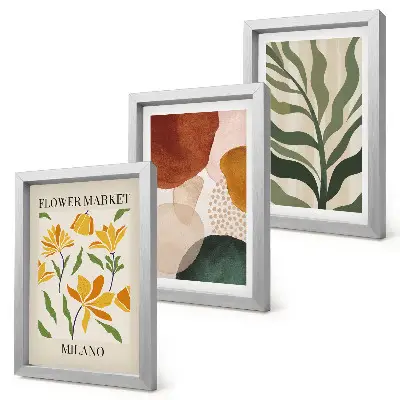 Set 3 tablouri cu motive florale și forme abstracte cu frunze