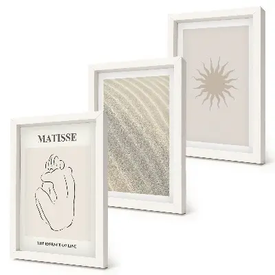 Set de 3 tablouri cu linii minimaliste reprezentând nisip, valuri și soare