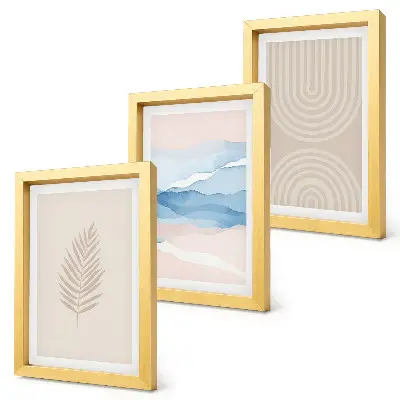 Set 3 tablouri cu model de frunze și valuri în nuanțe de bej și albastru
