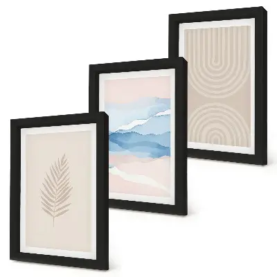 Set 3 tablouri cu model de frunze și valuri în nuanțe de bej și albastru