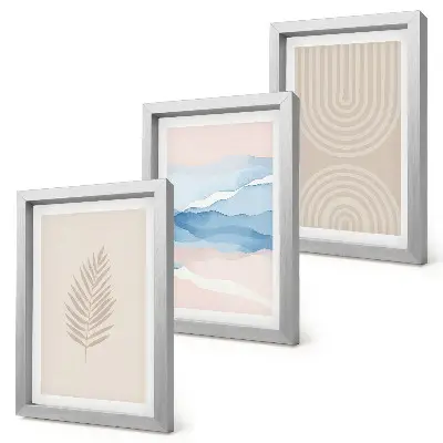 Set 3 tablouri cu model de frunze și valuri în nuanțe de bej și albastru