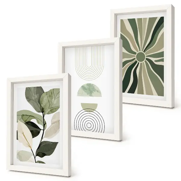 Set 3 tablouri cu motive vegetale și forme geometrice în nuanțe de verde