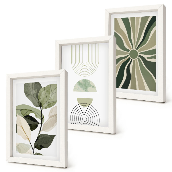 Set 3 tablouri Motive vegetale cu forme geometrice în verde